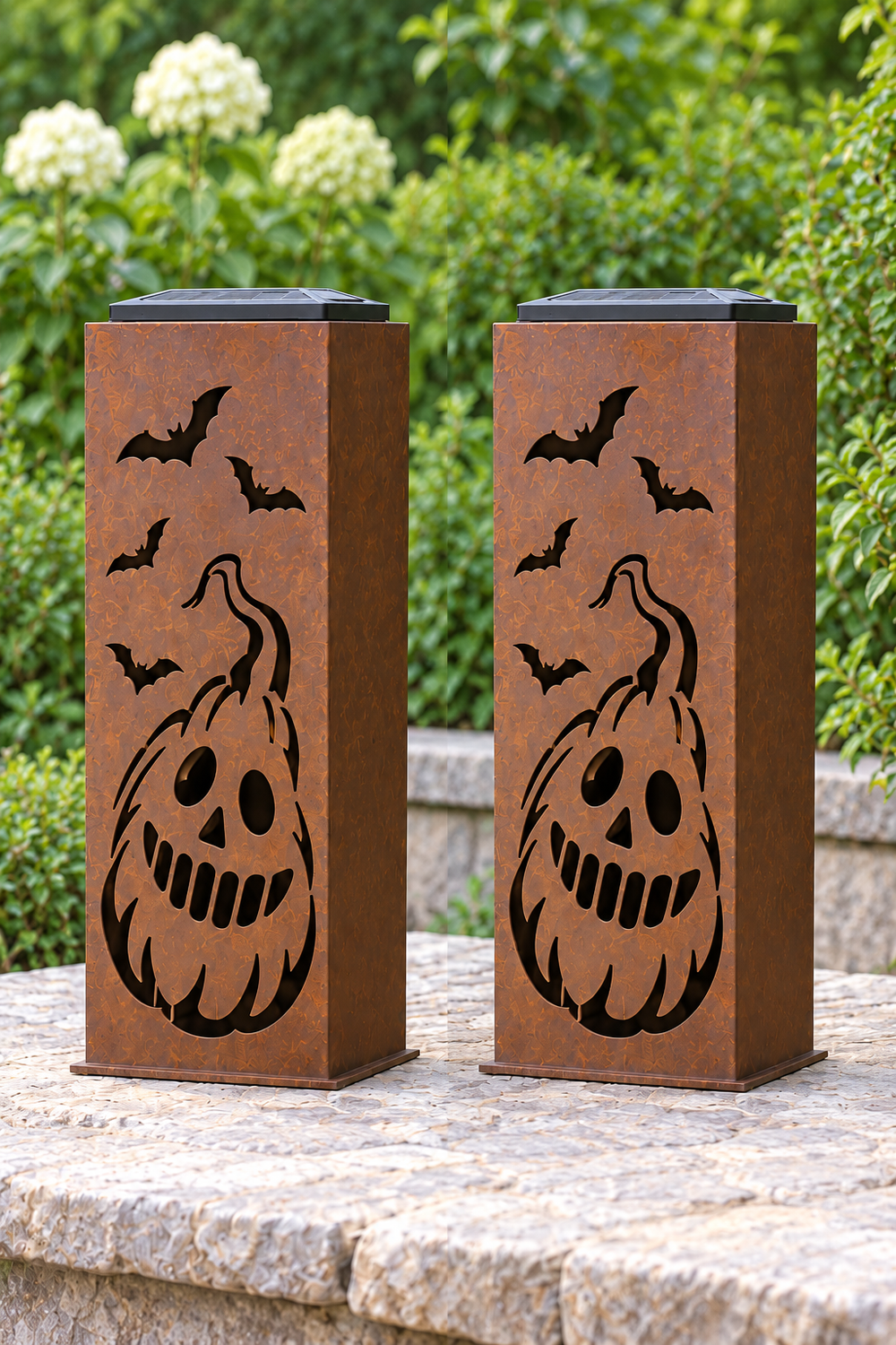 Two-sided Crooked Jack luminary, opposite decorated faces shown from both sides