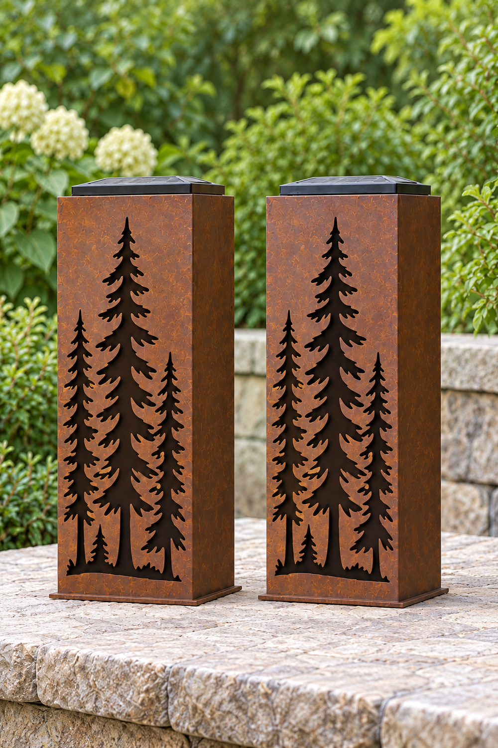 Two-sided Woodland Pines luminary, opposite decorated faces shown from both sides