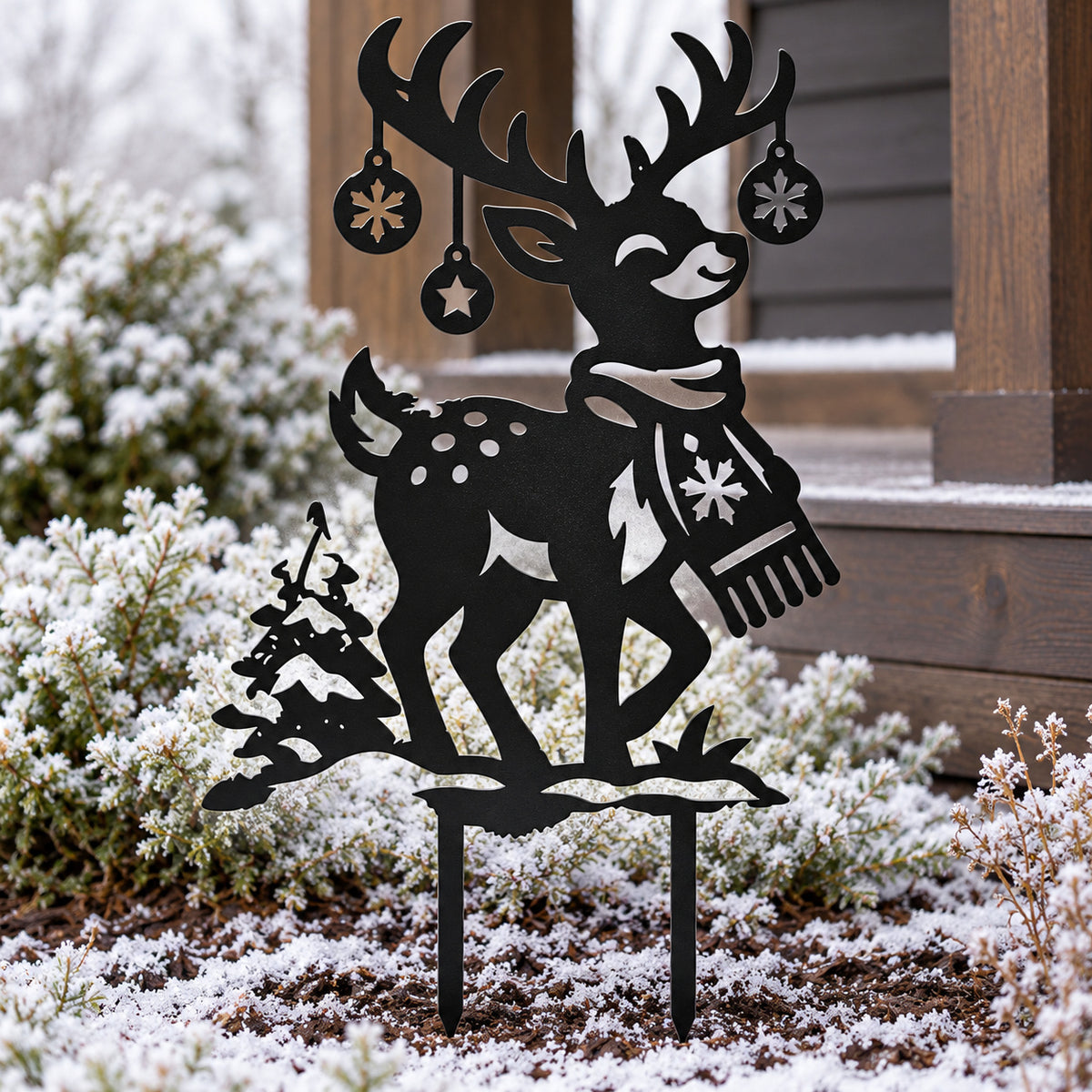 Christmas Reindeer Metal Garden Stake with Scarf and Hanging Ornaments