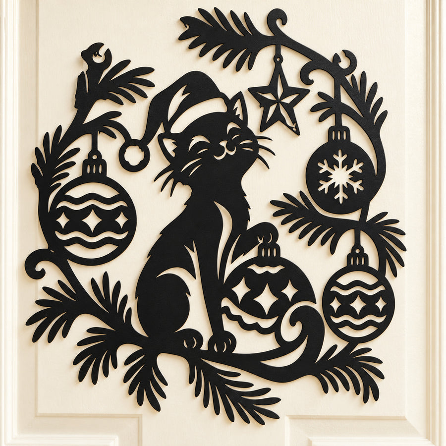 Christmas Cat Wreath Metal Wall Art with Evergreen Branches and Ornaments