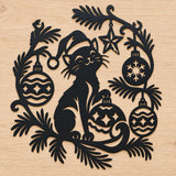 Christmas Cat Wreath Metal Wall Art with Evergreen Branches and Ornaments