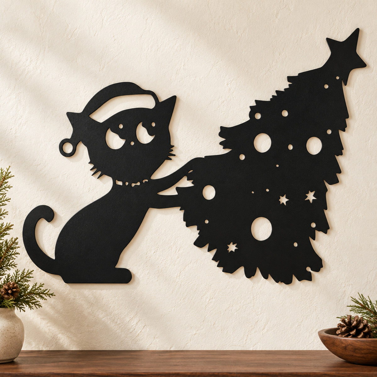 Santa Hat Cat and Christmas Tree Metal Wall Art
