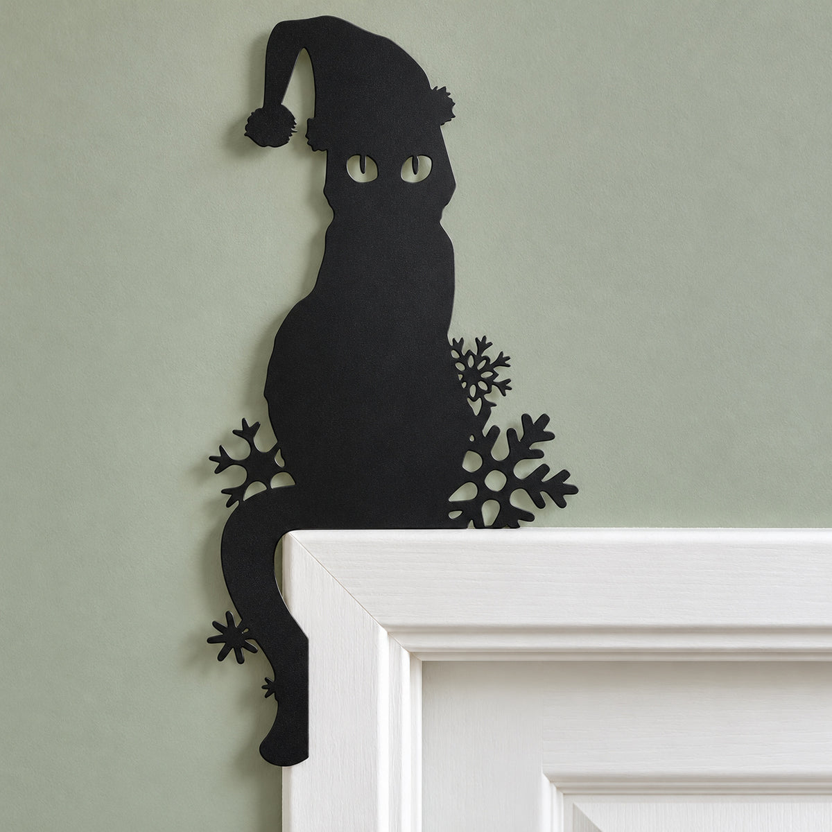 Christmas Black Cat Door Corner Metal Decoration with Santa Hat and Snowflakes