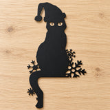 Christmas Black Cat Door Corner Metal Decoration with Santa Hat and Snowflakes