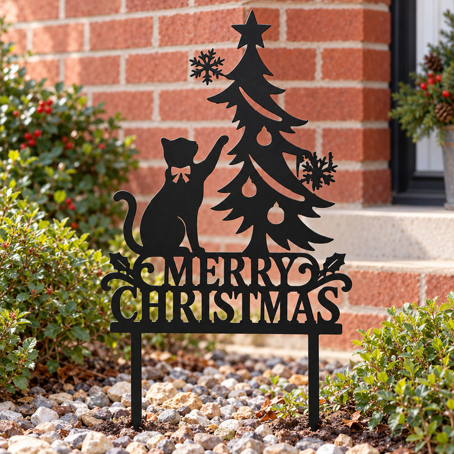 Merry Christmas Cat and Tree Metal Garden Stake