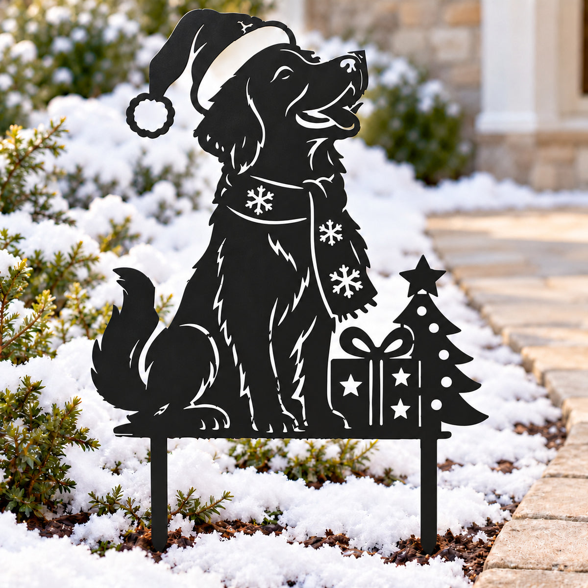 Christmas Retriever Metal Garden Stake with Santa Hat, Scarf, Gift and Tree