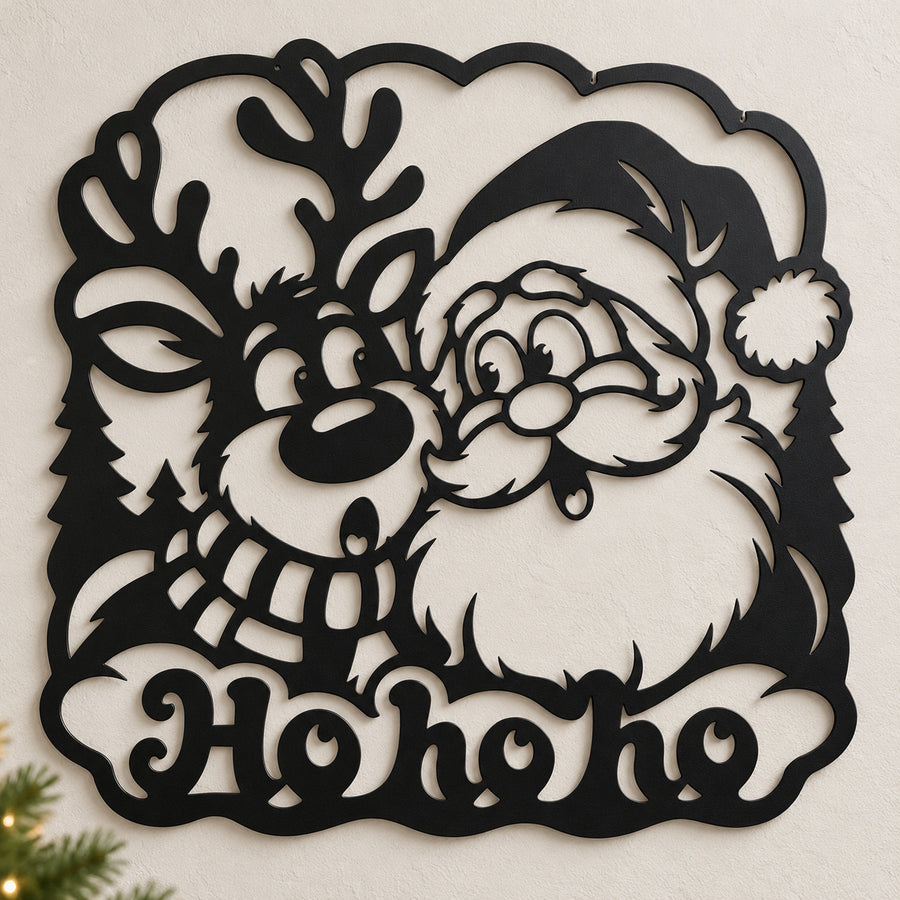 Santa and Reindeer Ho Ho Ho Metal Christmas Wall Art