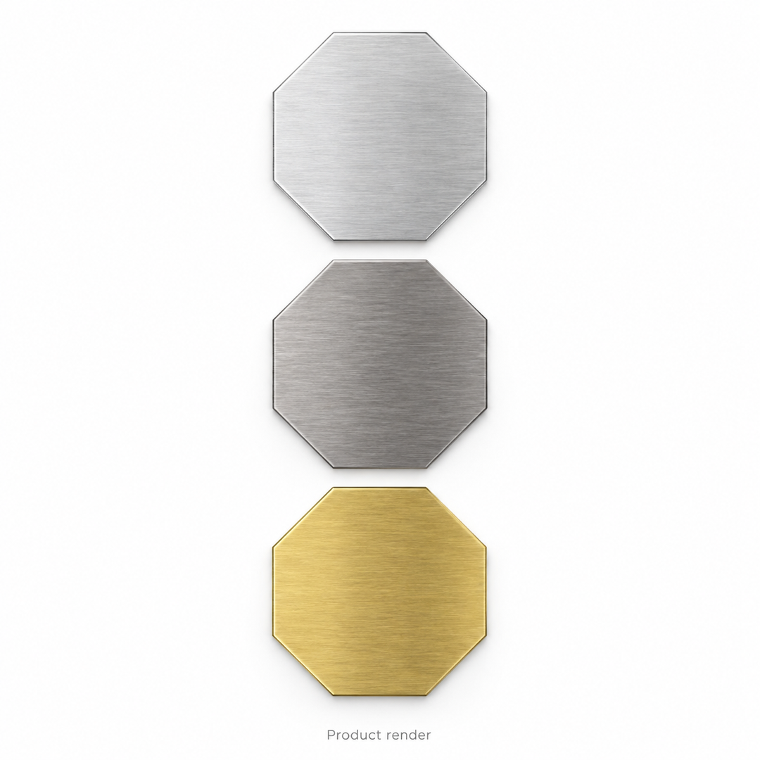 Octagon Engraving Blanks — approved family product render showing bare aluminum, stainless steel and brass; illustrative overview, not a size drawing