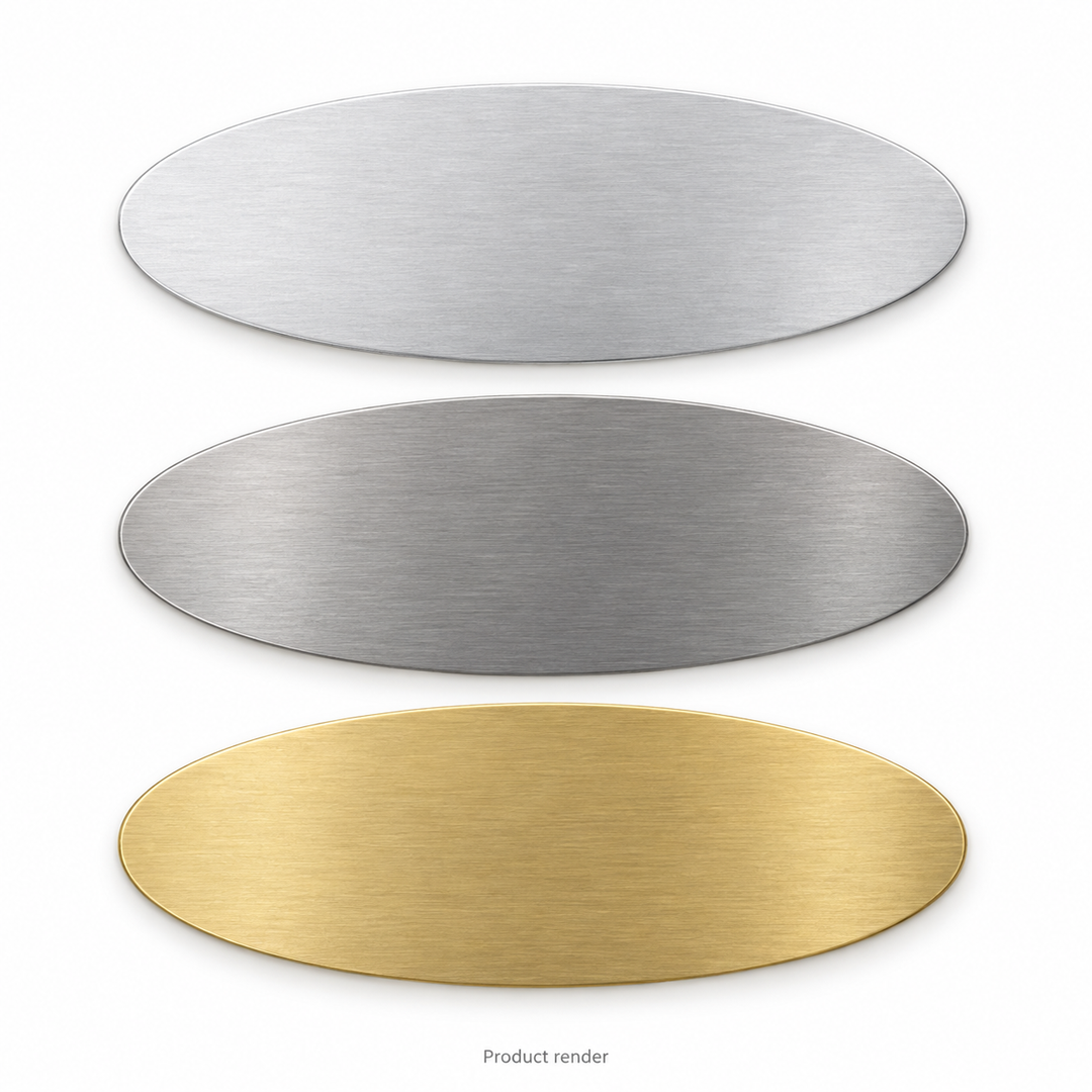 Oval Engraving Blanks — approved family product render showing bare aluminum, stainless steel and brass; illustrative overview, not a size drawing
