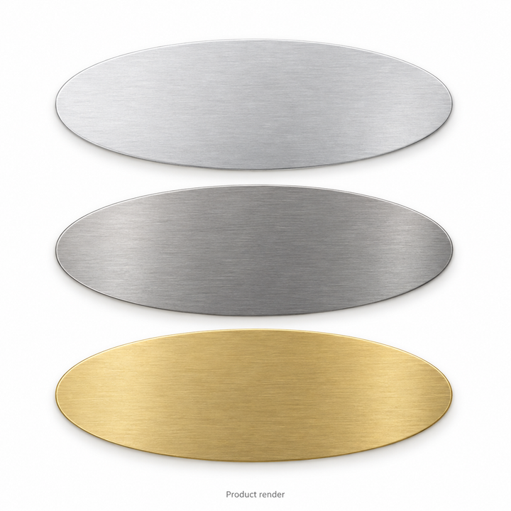 Oval Engraving Blanks — approved family product render showing bare aluminum, stainless steel and brass; illustrative overview, not a size drawing