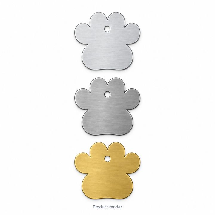 Paw Pet Tag Blanks — proposed family product render in bare aluminum, stainless steel and brass; shared family overview