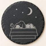 Snoopy and Woodstock engraved slate coaster — Rooftop nap