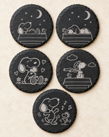 Snoopy and Woodstock set of five different engraved slate coaster designs