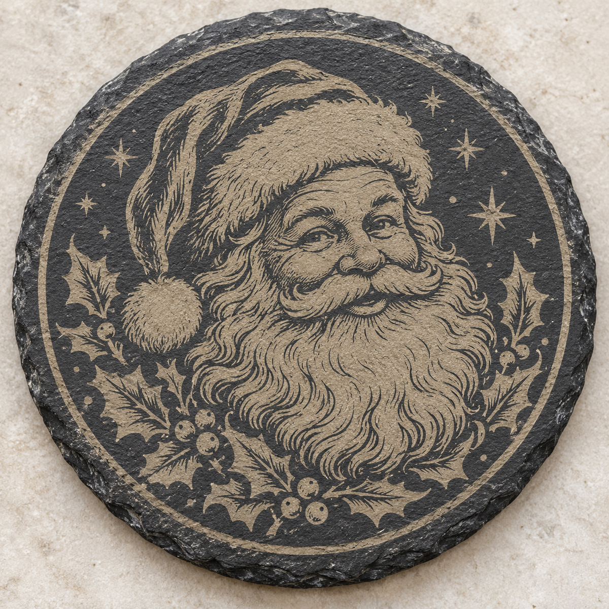 Santa engraved round slate coaster
