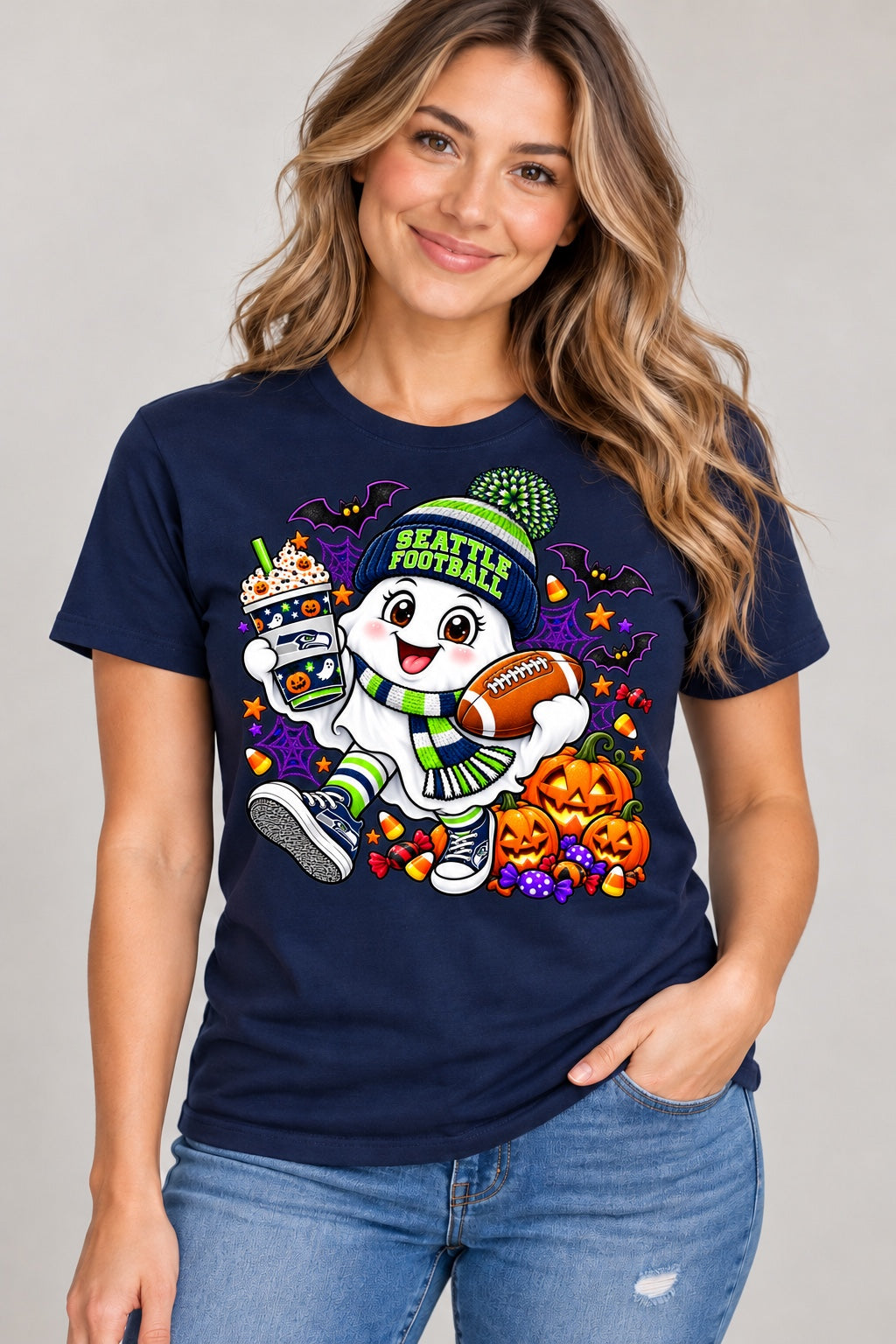 Seattle Halloween Ghost 1 with black-and-white scarf on a blue Gildan T-shirt