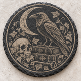 Halloween Skull and Raven Engraved Round Slate Coaster design 3
