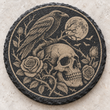 Halloween Skull and Raven Engraved Round Slate Coaster design 4
