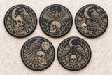 Halloween Skull and Raven Engraved Round Slate Coaster set of five different designs