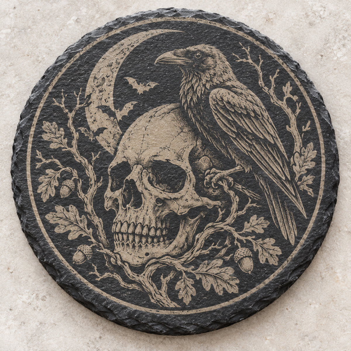 Halloween Skull and Raven engraved round slate coaster