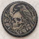 Halloween Skull and Raven engraved round slate coaster