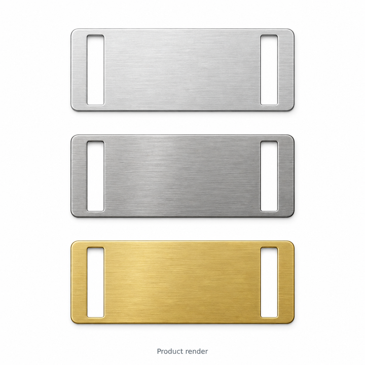 Slide-On Collar Tag Blanks — proposed family product render in bare aluminum, stainless steel and brass; shared family overview