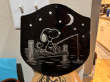 Wide view of the finished Snoopy and Woodstock fishing metal plaque