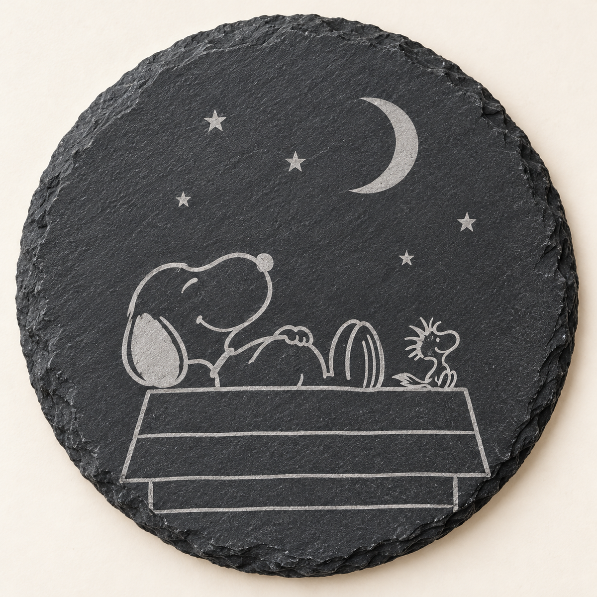 Snoopy and Woodstock stargazing engraved round slate coaster