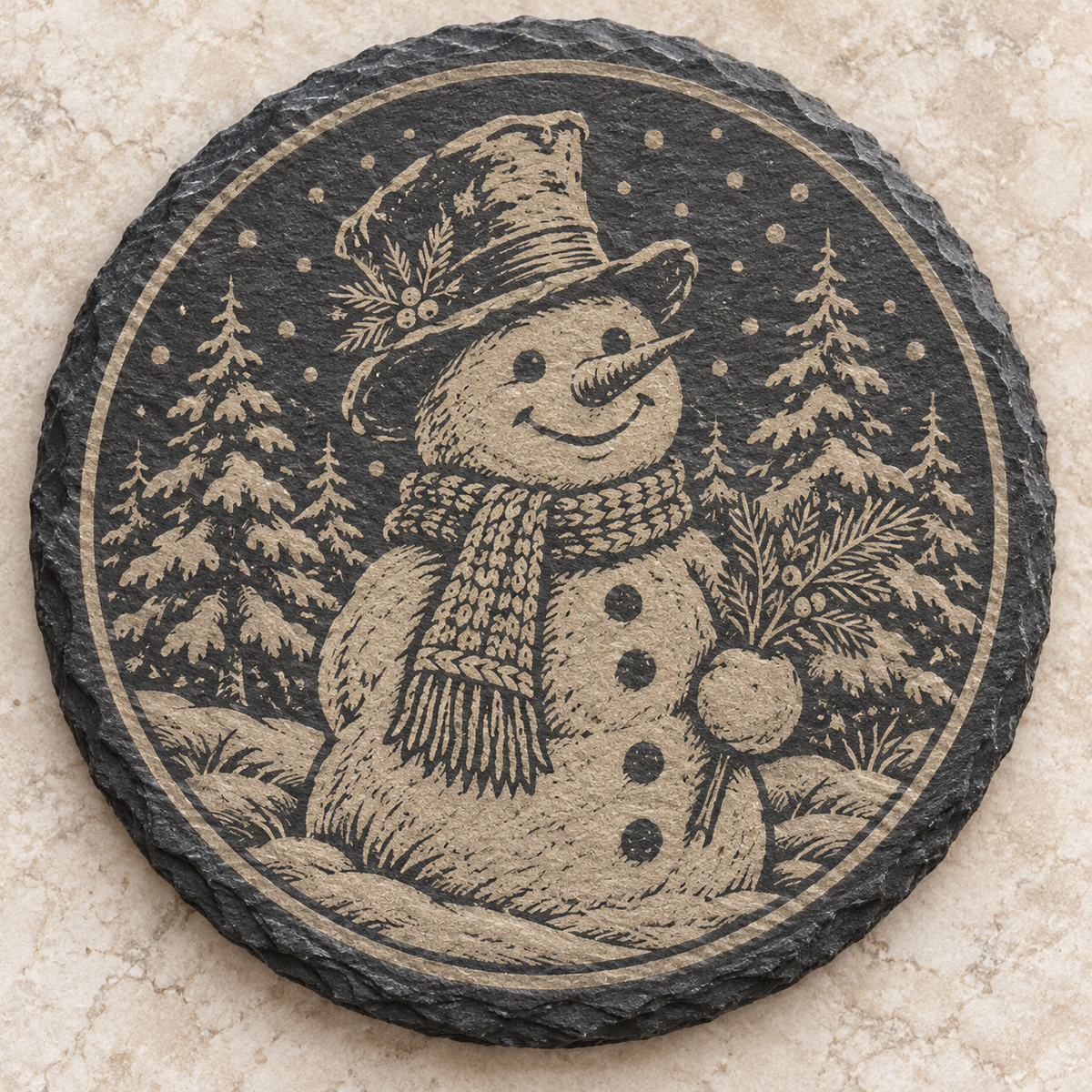 Snowman engraved round slate coaster
