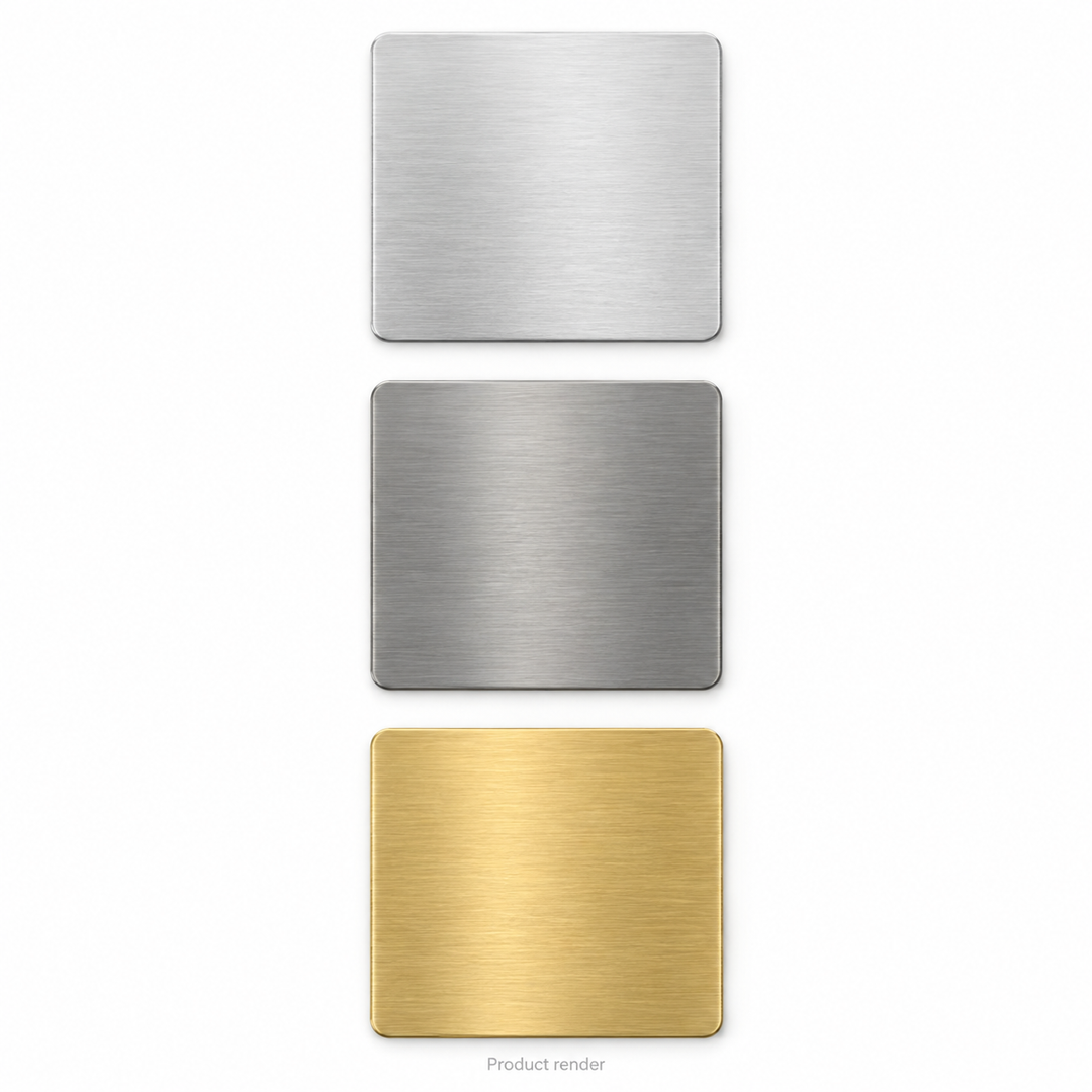 Square Engraving Blanks — approved family product render showing bare aluminum, stainless steel and brass; illustrative overview, not a size drawing