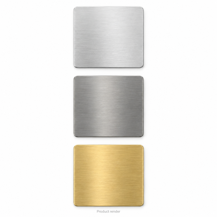 Square Engraving Blanks — approved family product render showing bare aluminum, stainless steel and brass; illustrative overview, not a size drawing