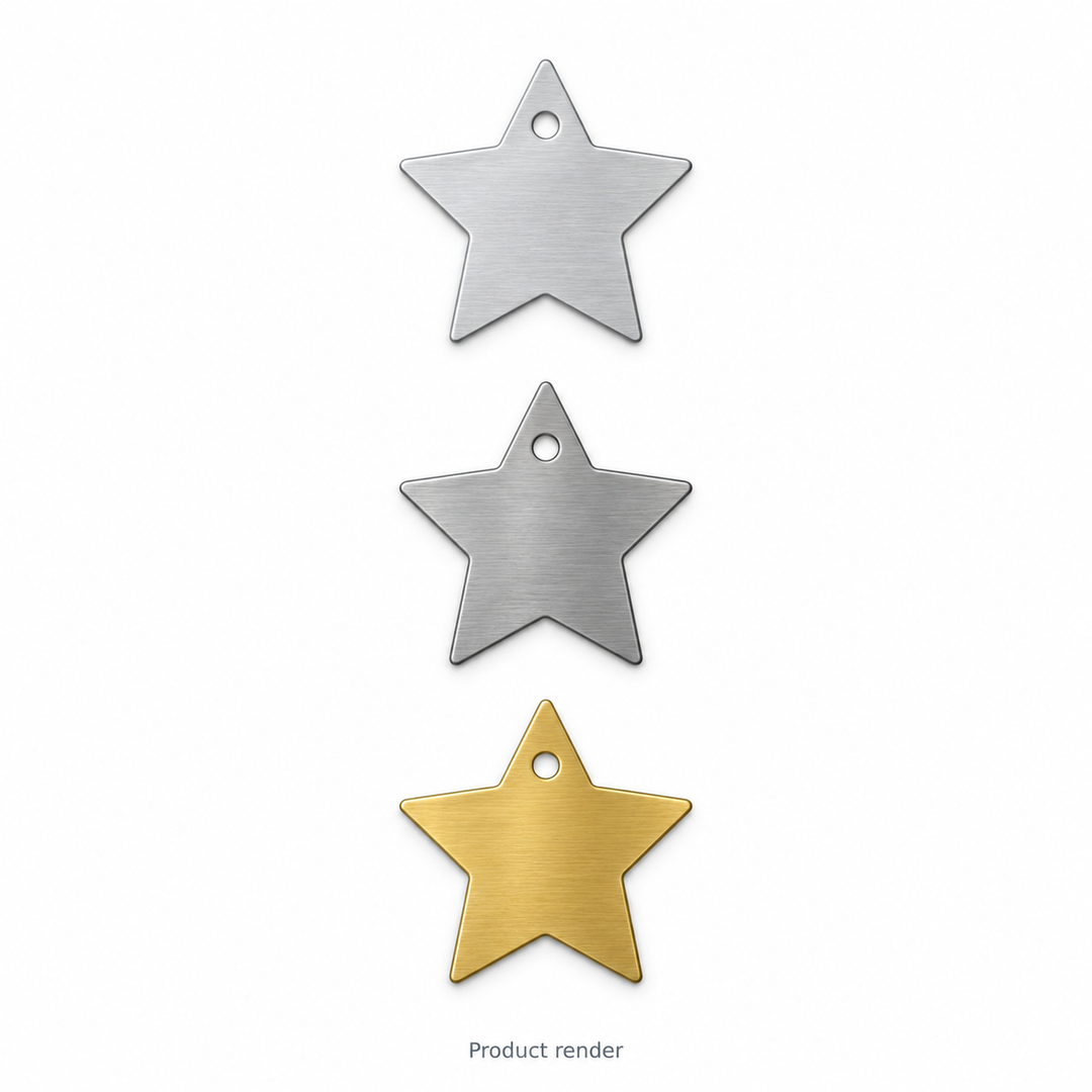 Star Pet Tag Blanks — proposed family product render in bare aluminum, stainless steel and brass; shared family overview