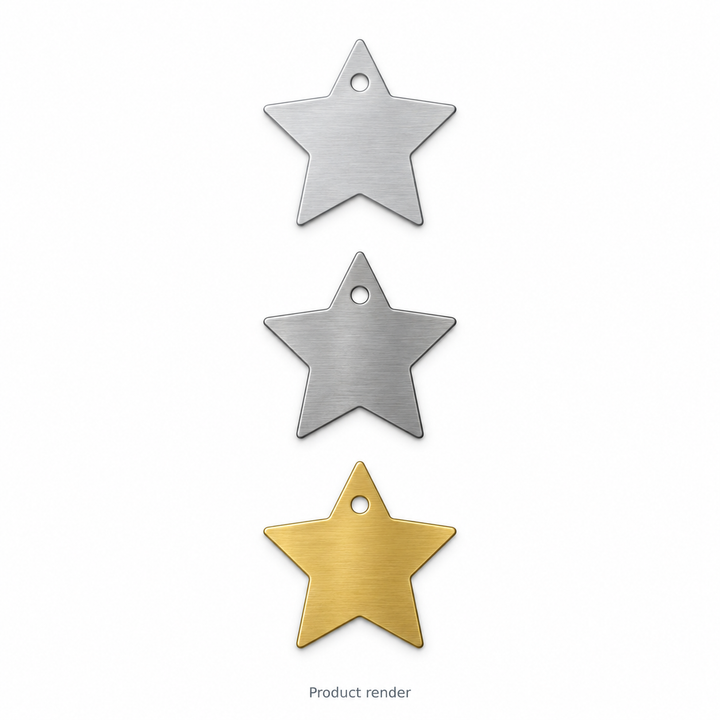 Star Pet Tag Blanks — proposed family product render in bare aluminum, stainless steel and brass; shared family overview