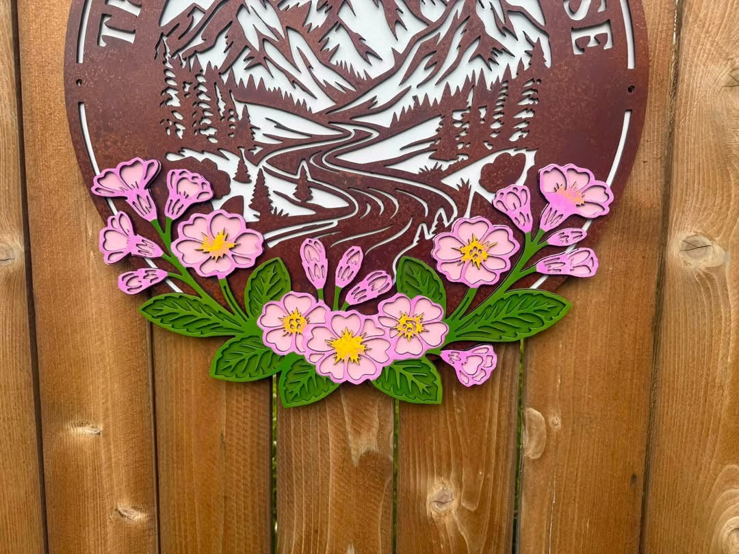 Mountain and Floral Metal Wall Art