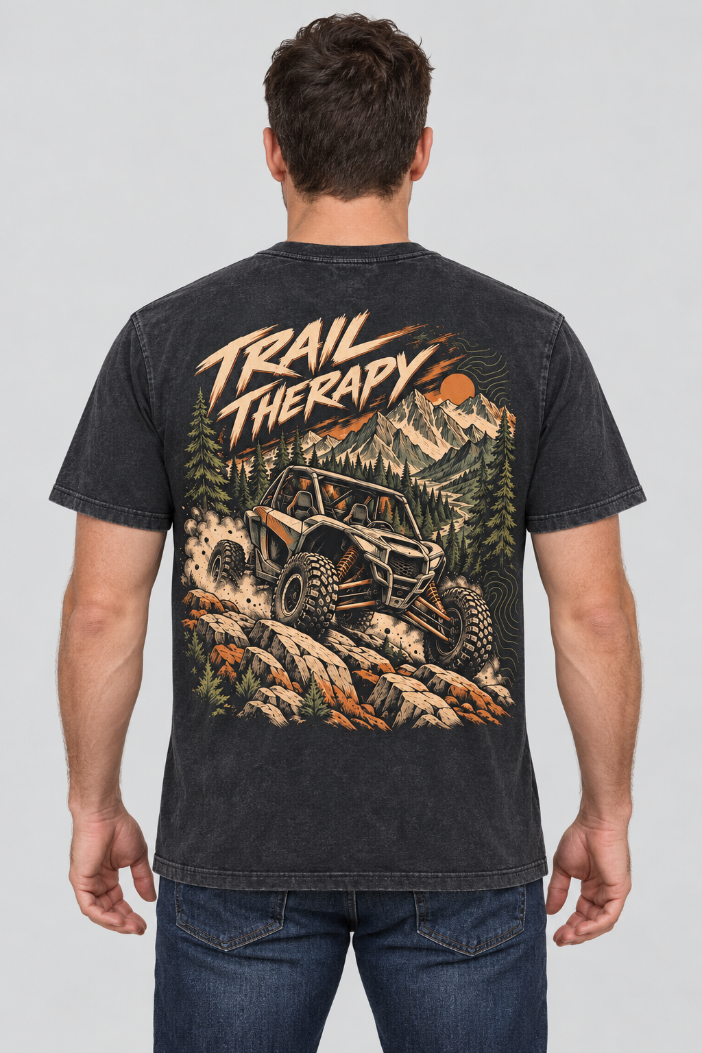 Trail Therapy charcoal T-shirt back print on model