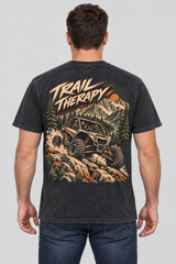 Trail Therapy charcoal T-shirt back print on model
