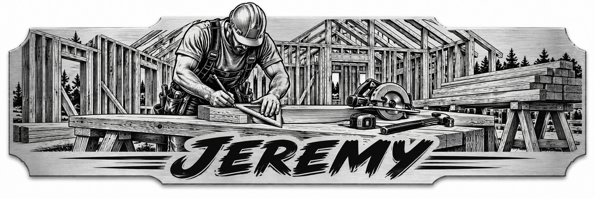 A carpenter working at a framed building with a personalized engraved name