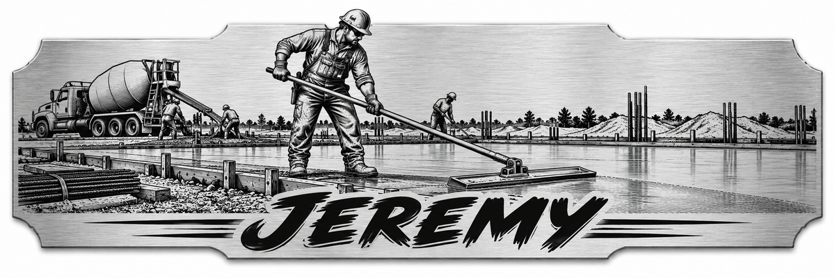 A concrete finisher working a slab beside a mixer truck with a personalized engraved name