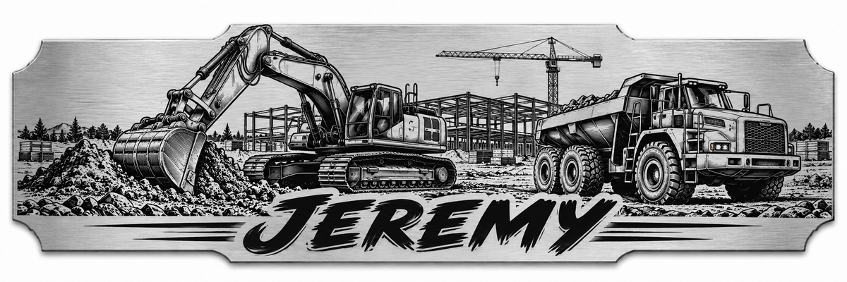 An excavator, construction truck and crane at a work site with a personalized engraved name