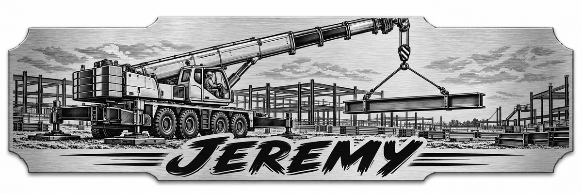 A mobile crane lifting steel at a construction site with a personalized engraved name