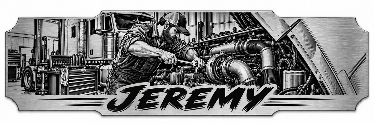 A diesel mechanic working beneath an open truck hood with a personalized engraved name