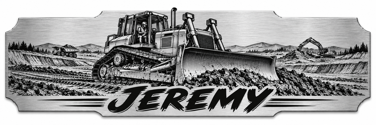 A bulldozer working across an earthmoving site with a personalized engraved name
