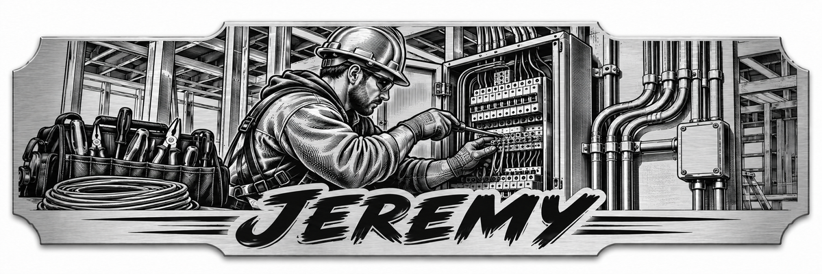 An electrician beside electrical panels and conduit with a personalized engraved name