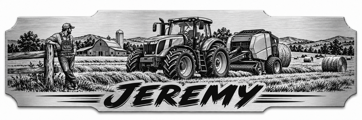 A tractor and hay equipment in a farm landscape with a personalized engraved name