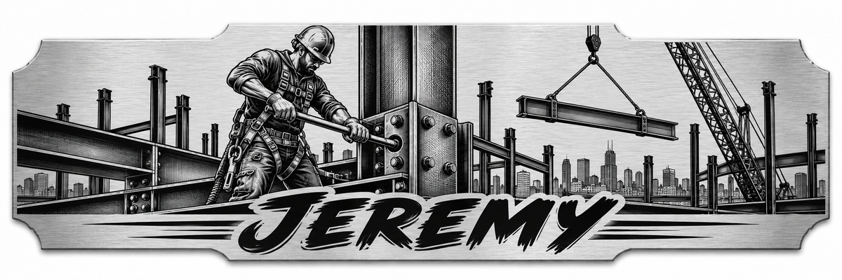 An ironworker beside steel framing and a crane lift with a personalized engraved name