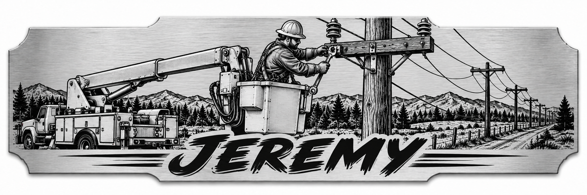 A lineworker in a bucket truck working beside power poles with a personalized engraved name