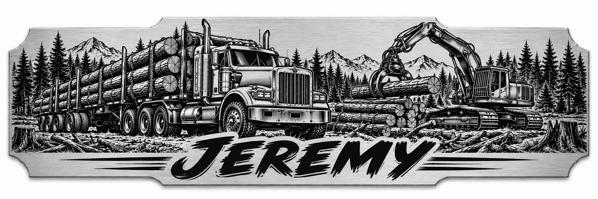 A logging truck and loader framed by a forest landscape with a personalized engraved name