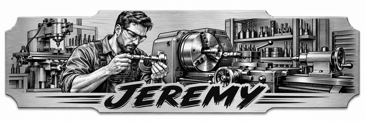 A machinist working at a lathe in a machine shop with a personalized engraved name
