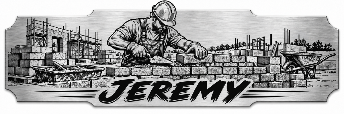A mason laying a block wall at a building site with a personalized engraved name