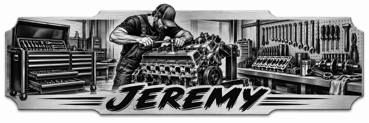 A mechanic working on an engine in a tool-filled shop with a personalized engraved name