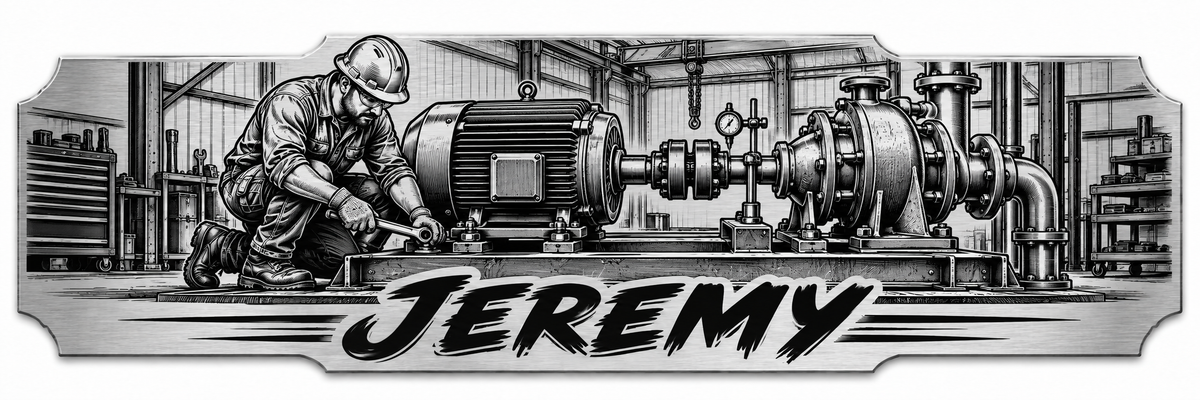 A millwright working beside industrial drive equipment with a personalized engraved name